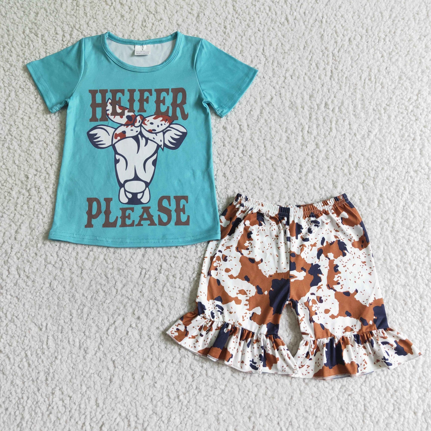 GSSO0031 Blue Heifer Please Cow Print Girls Set