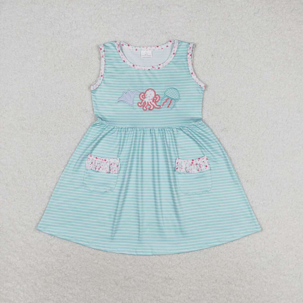 GSD0963 embroidery jellyfish octopus blue striped sleeveless pockets girls dress