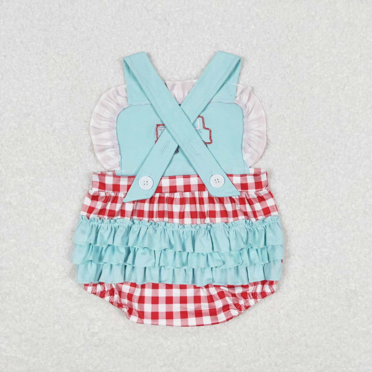 SR0958 embroidery Red Checkered Fire Truck Green Sleeveless Girls Romper