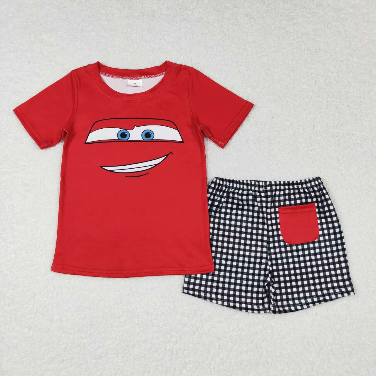 BSSO0654 Cartoon car red short sleeve black checkered shorts boys set