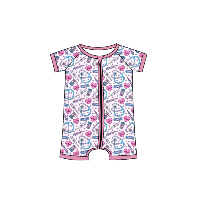custom style Doctor pink short sleeve zipper girls romper
