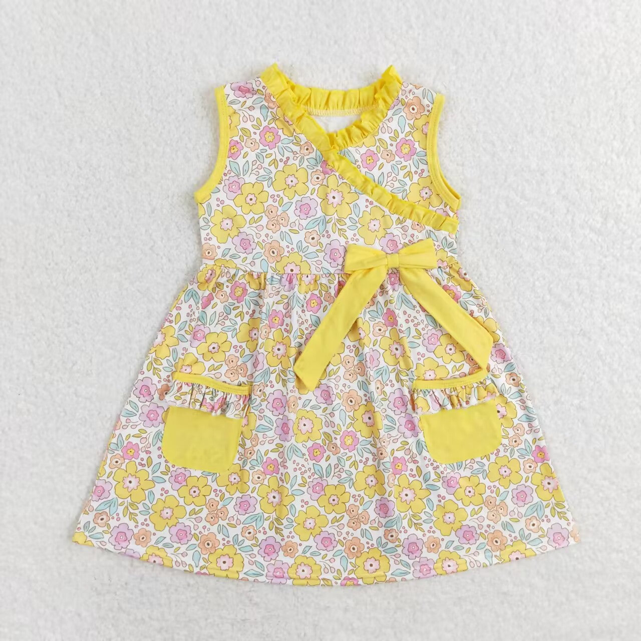 GSD1216 multi color flowers pockets sleeveless bow girls floral dress