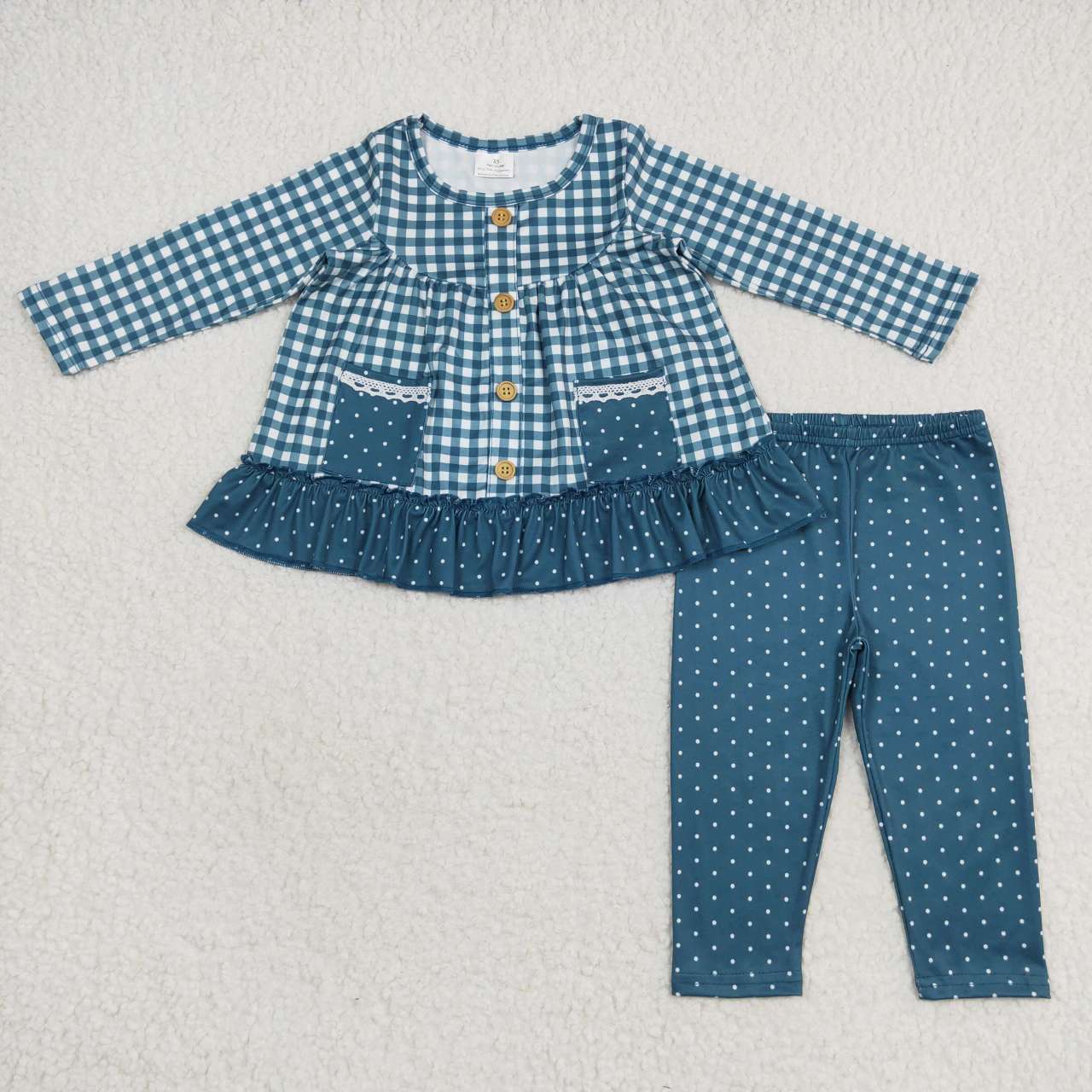 GLP0823 Green striped plaid pockets long sleeve green dot pants girls set