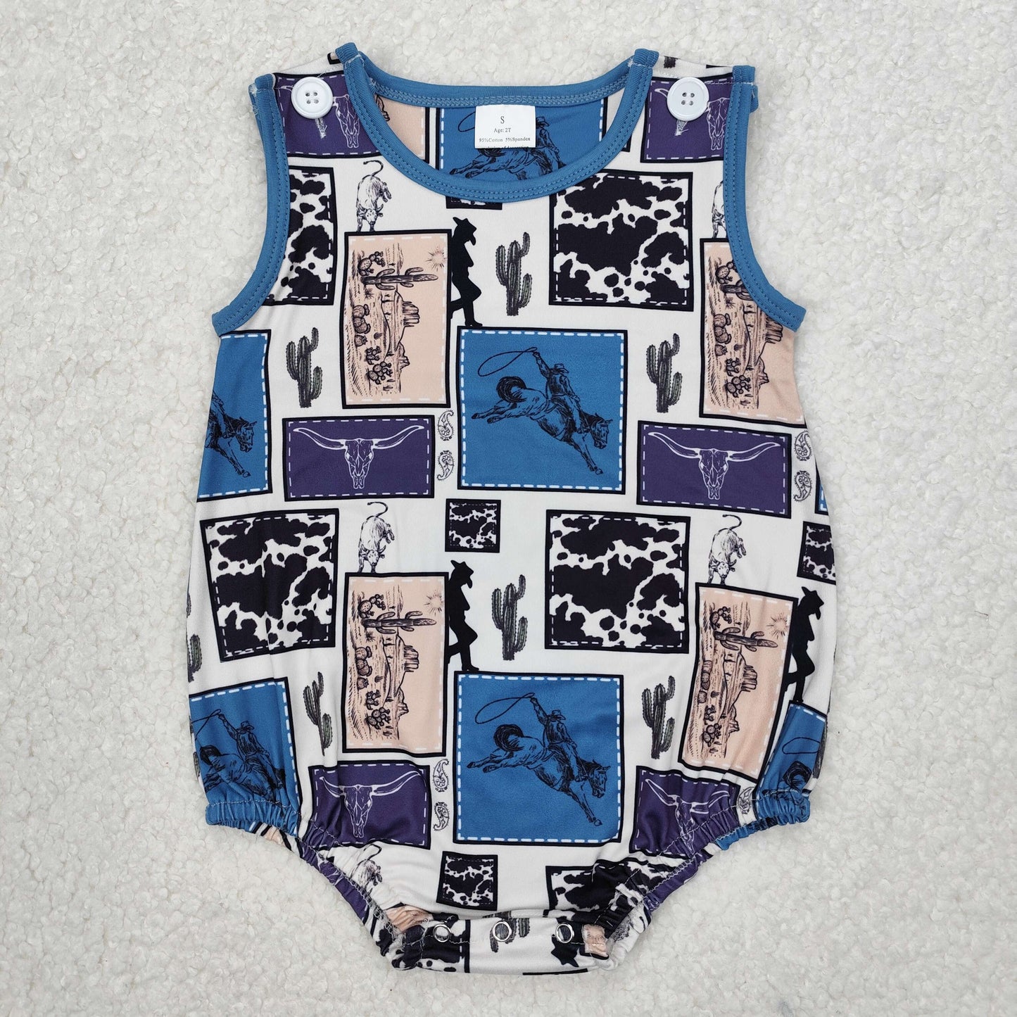 SR2700 Western rodeo cactus sleeveless boys blue romper