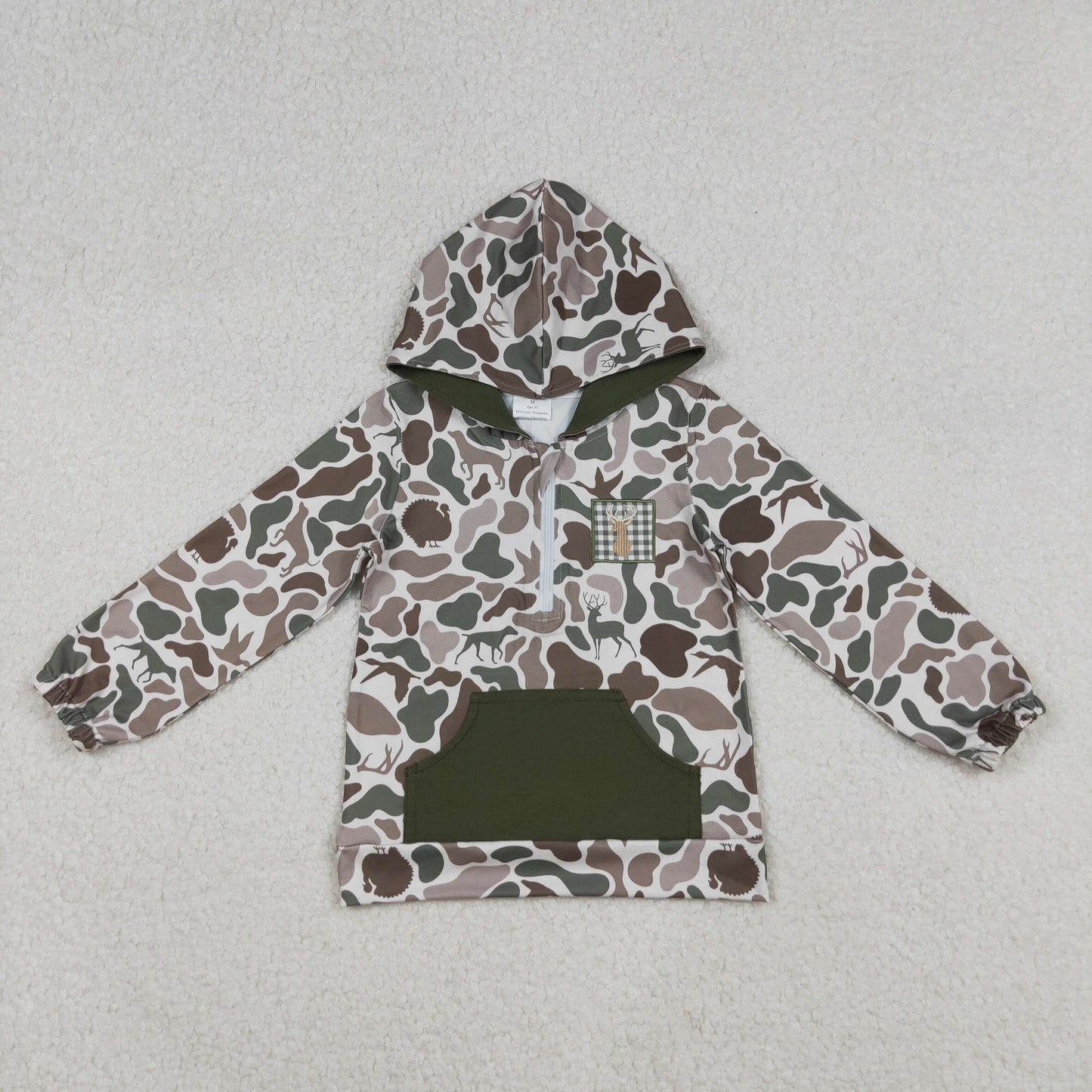 embroidery BT1304 hunting deer camo pocket hoodie long sleeve boys top