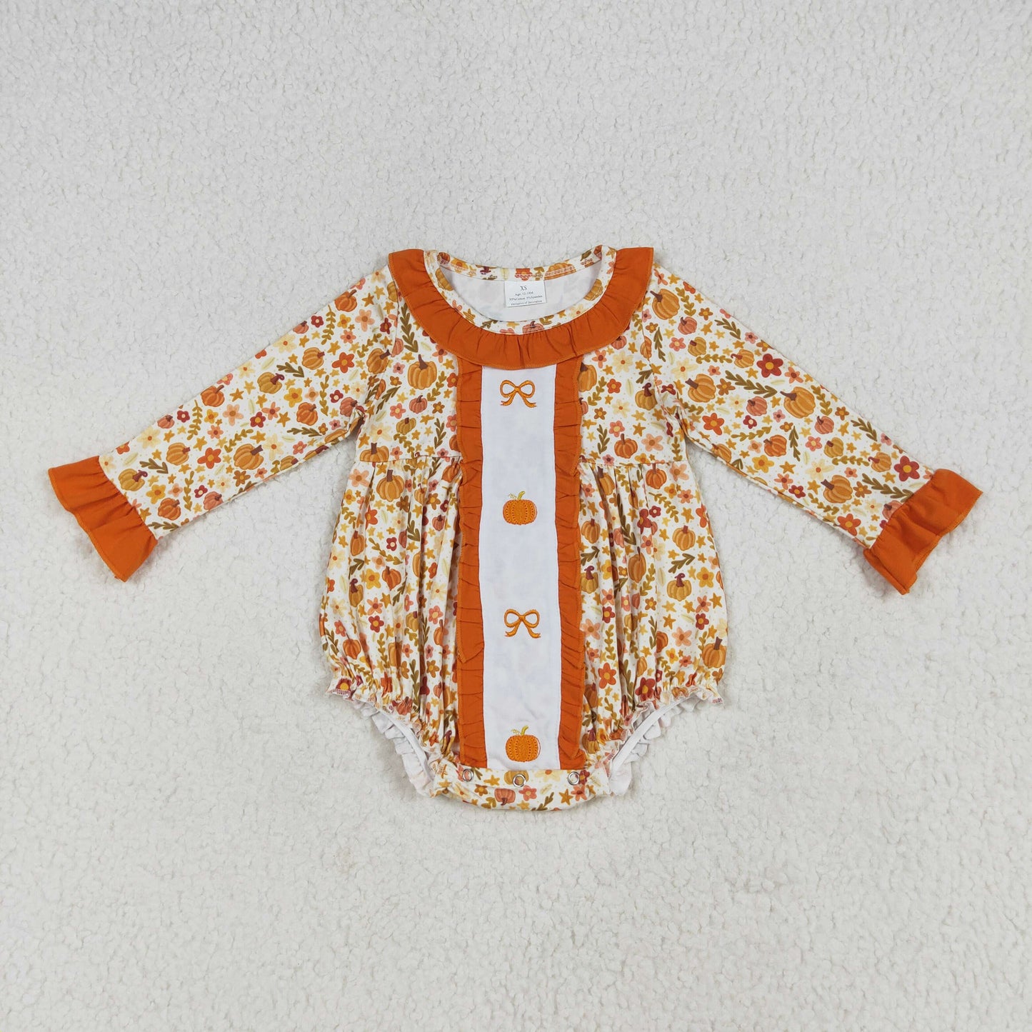 embroidery LR2228 Autumn pumpkin flowers orange long sleeve girls romper