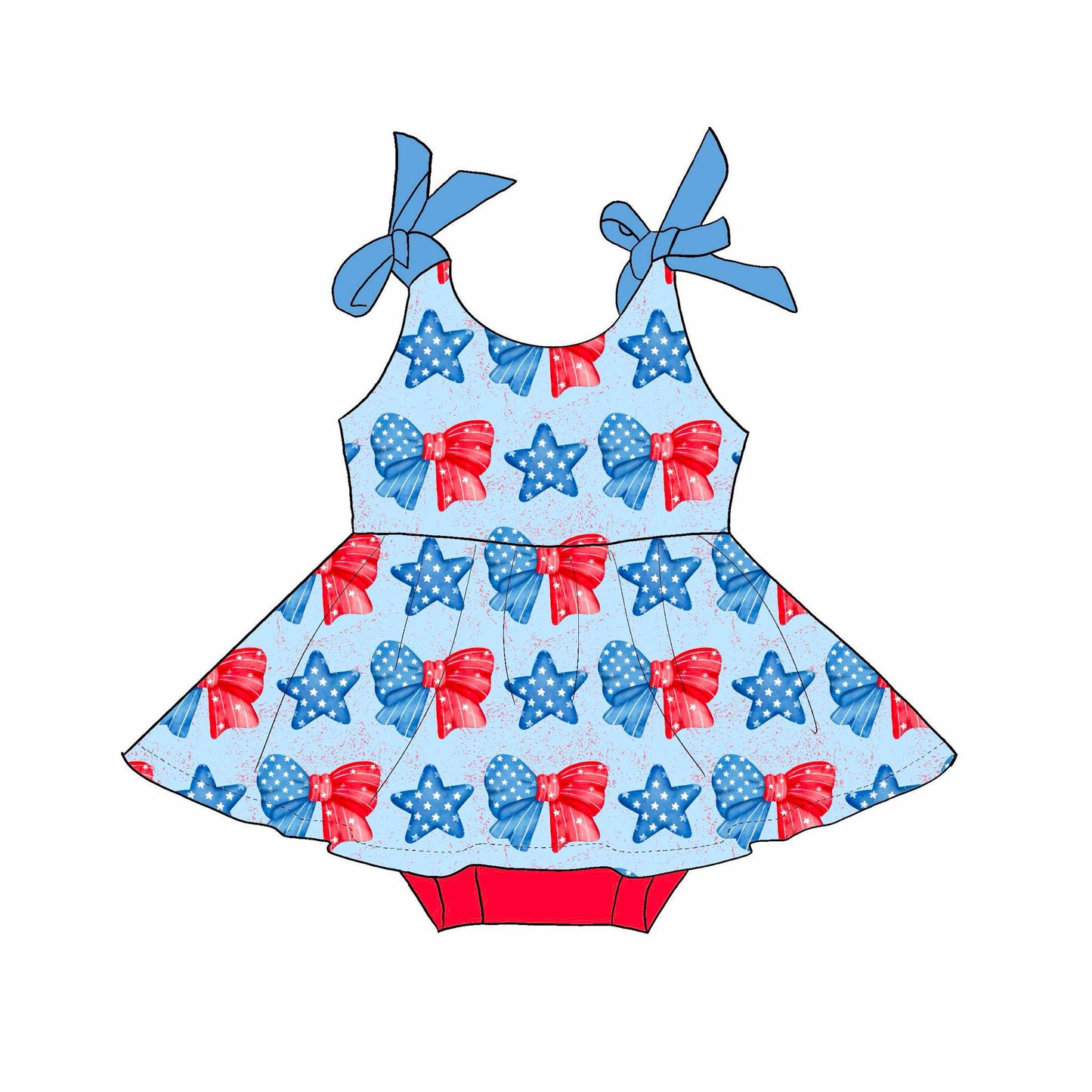 custom July 4th red star bows blue girls romper