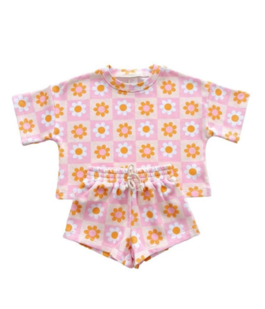 preorder pink flowers checkered short sleeve shorts girls set