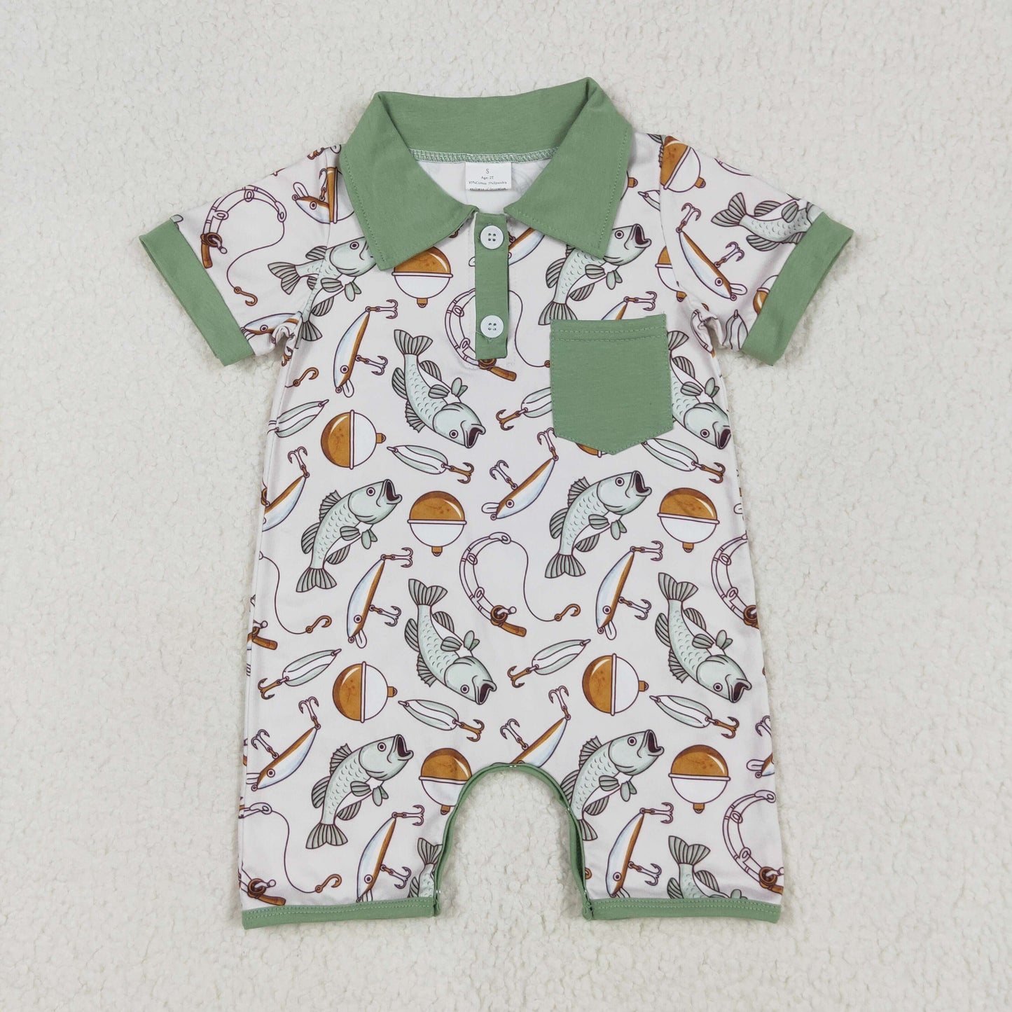 USA SHOP SR2472 Fishing Green Pocket Short Sleeve Boys Romper