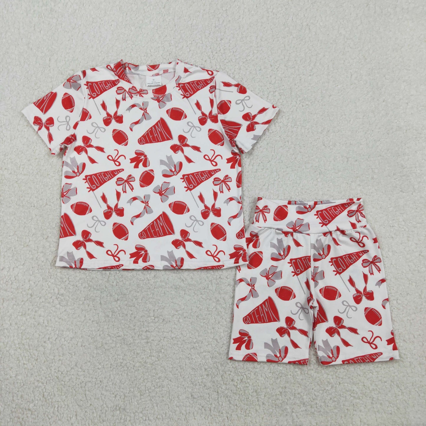 GSSO2727 football team go fight red grey bows short sleeve shorts girls set