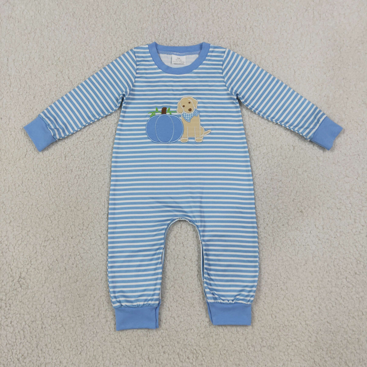Embroidery LR3141 Pumpkin Dog Blue Striped Long Sleeve Boys Romper