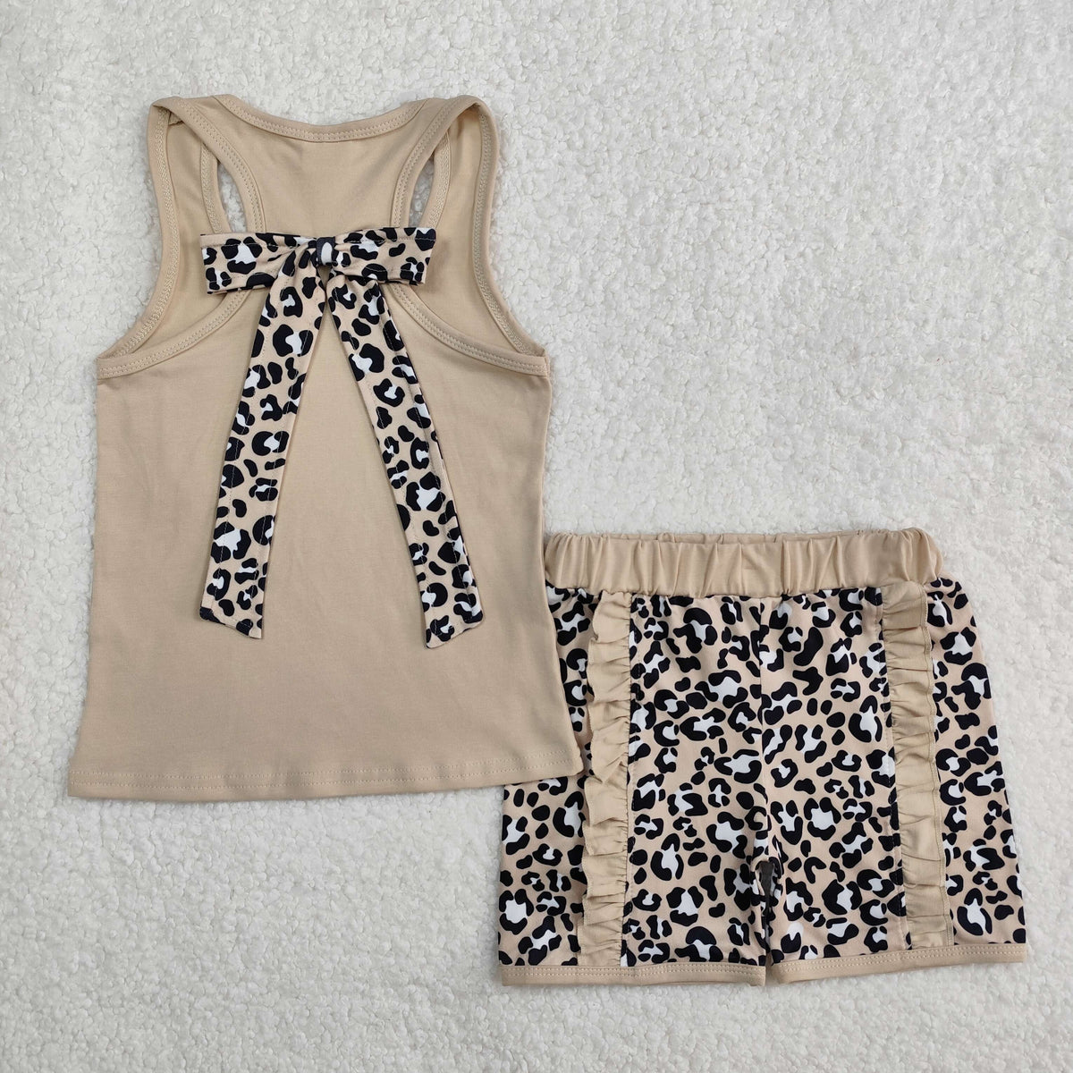 GSSO1979 Khaki Pocket With Bows Top Leopard Shorts Girls Set