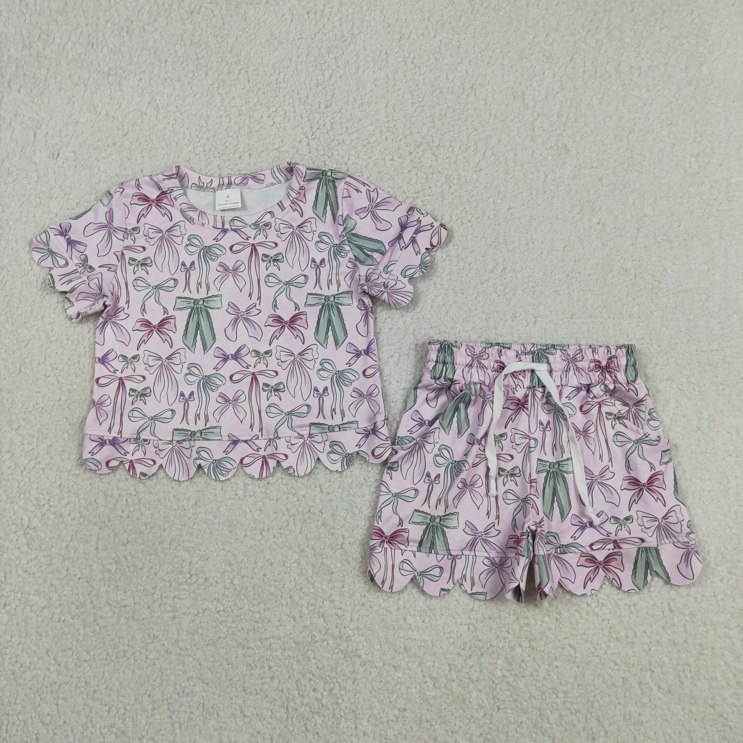 GSSO3409 Scallop Green Pink Bows Short Sleeve Shorts Girls Set