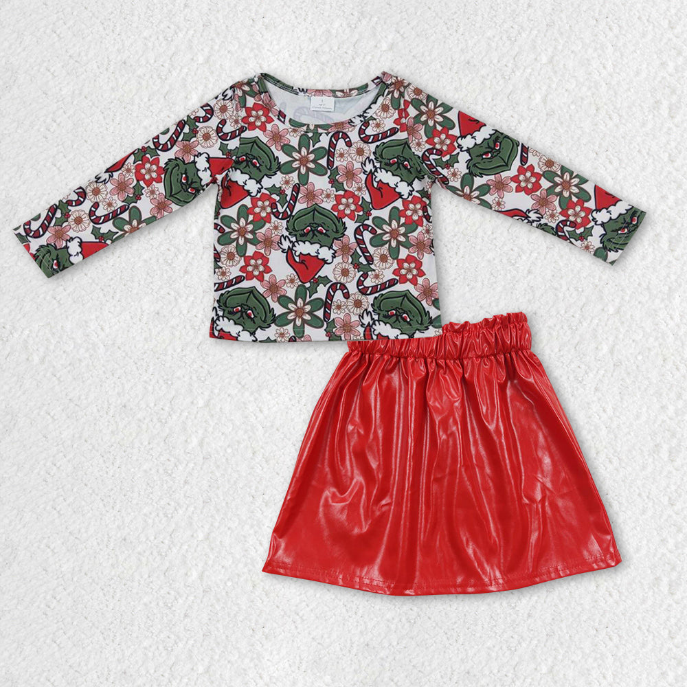 GLD0397 Christmas green face long sleeve top red leather skirt girls set