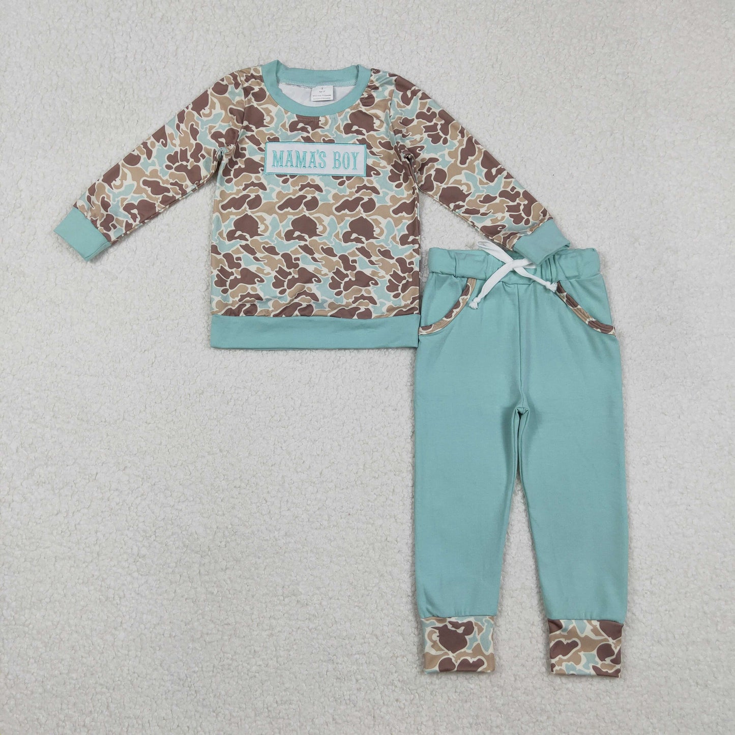 Embroidery BLP1336 mama's boy hunting camo long sleeve pants boys set
