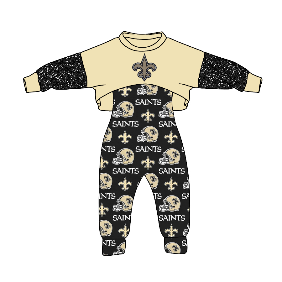 custom saints golden black long sleeve jumpsuits girls set