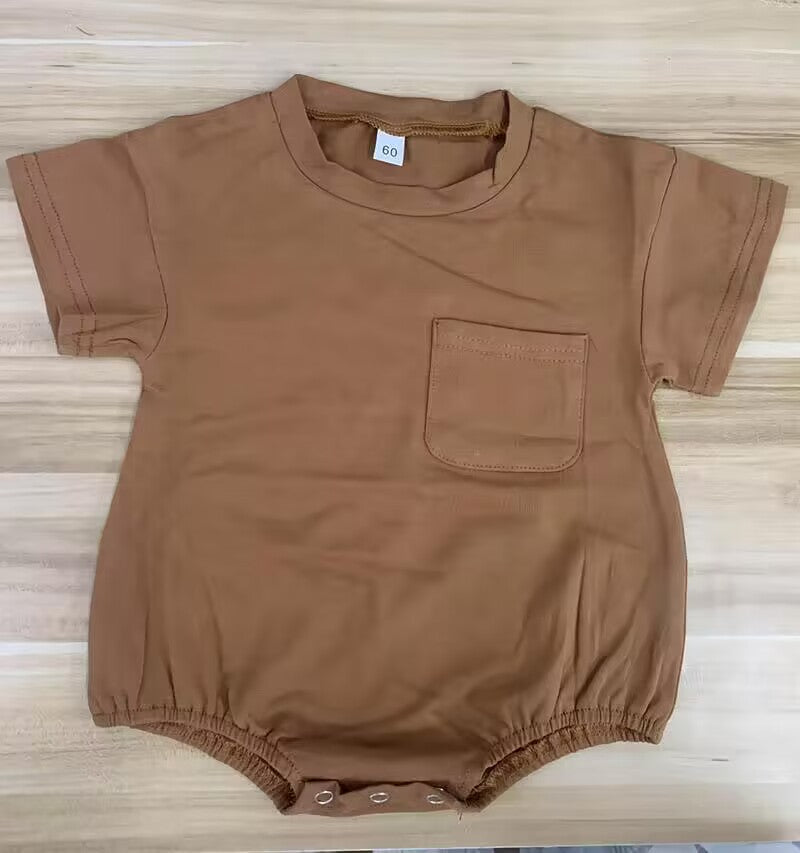 custom S brown pocket short sleeve cotton romper