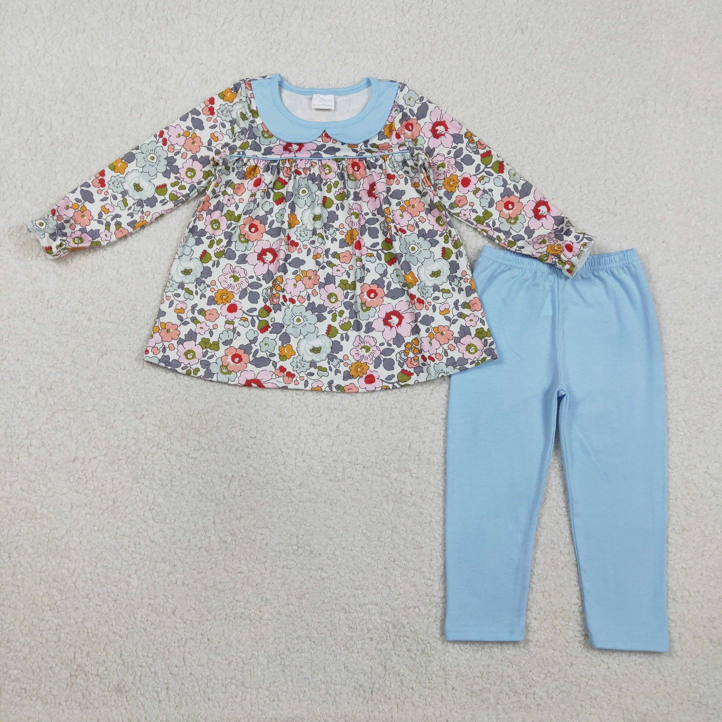 GLP3168 Colorful Floral Flowers Long Sleeve Blue Pants Girls Set
