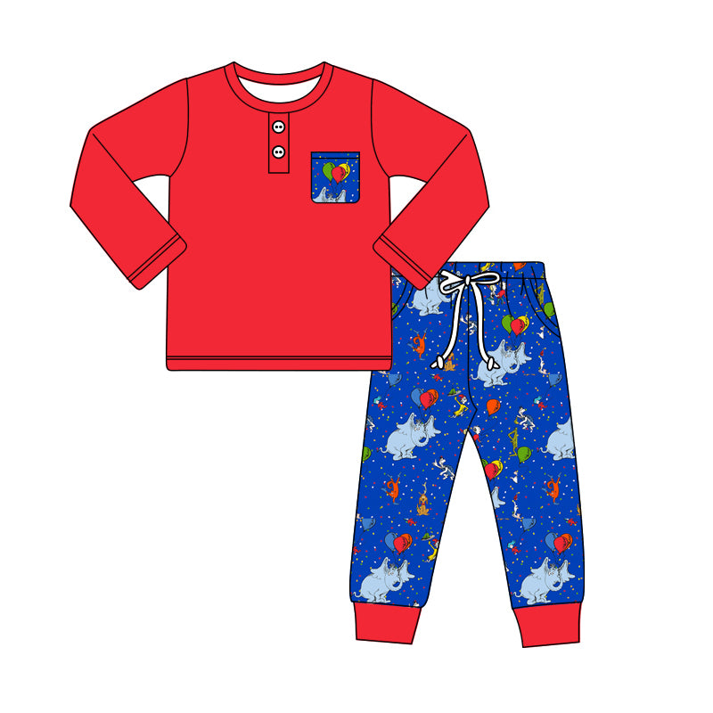 custom moq 3 Christmas green face elephant pocket red long sleeve blue pants boys set