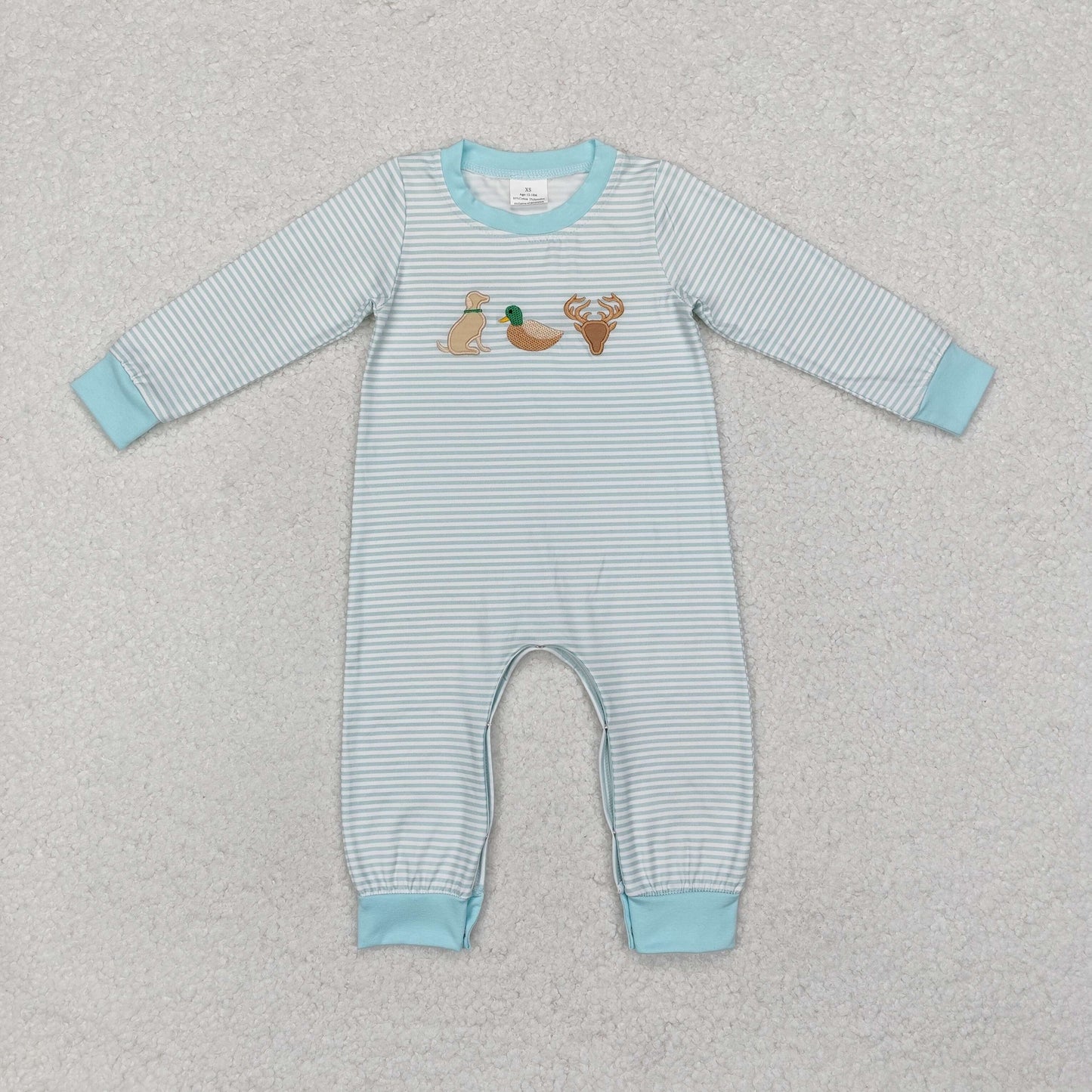 embroidery LR1895 hunting mallard duck dog deer blue striped long sleeve boys romper