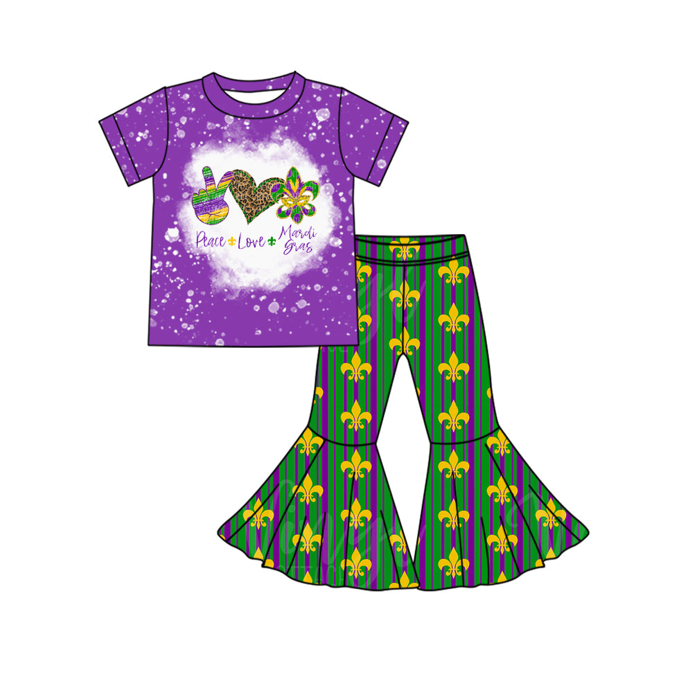 Preorder GSPO1764 Peace Love Mardi Gras mask heart purple short sleeve green striped pants girls set