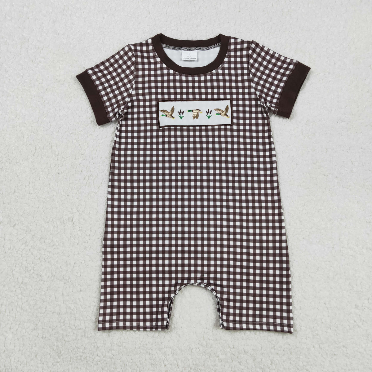 embroidery SR3164 hunting mallard duck brown checkered short sleeve boys romper
