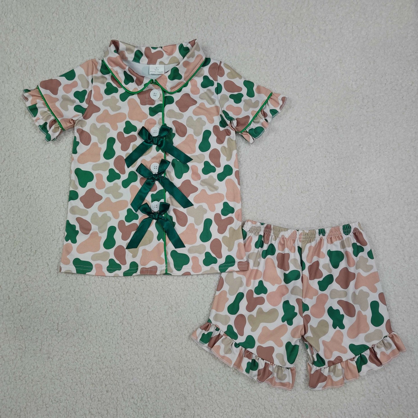 GSSO3367 Hunting Camo Bows Short Sleeve Shorts Girls Pajamas