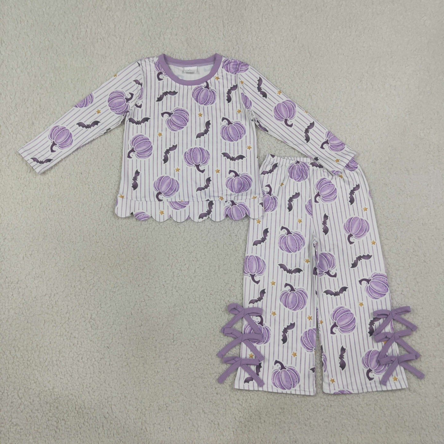 GLP3438 Scallop Halloween Pumpkin Bat Purple Long Sleeve Pants Girls Set