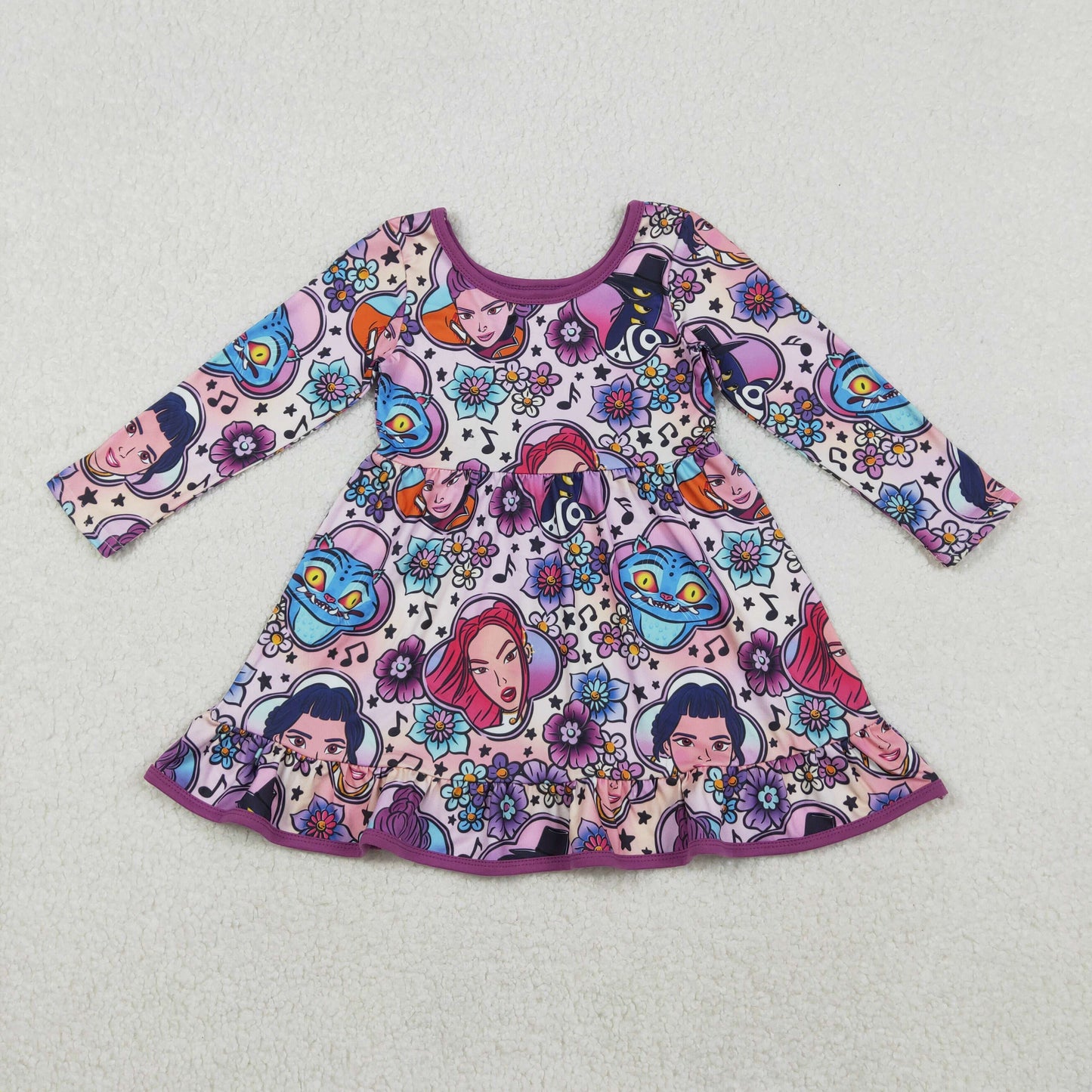 GLD1351 cartoon cat witch flowers purple long sleeve girls dress