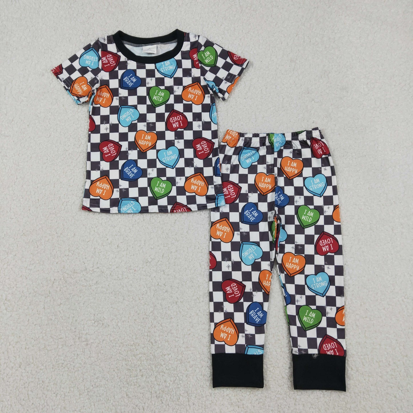 BSPO0490 i am happy heart black white checkered short sleeve pants boys pajamas