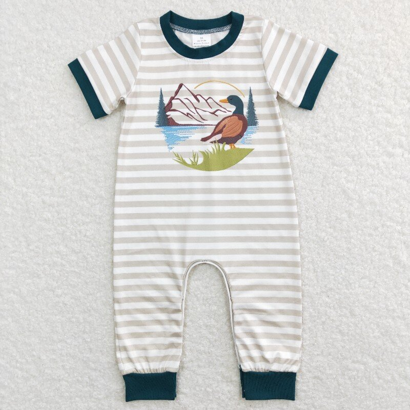 SR0553 Hunting duck grey striped short sleeve kids romper