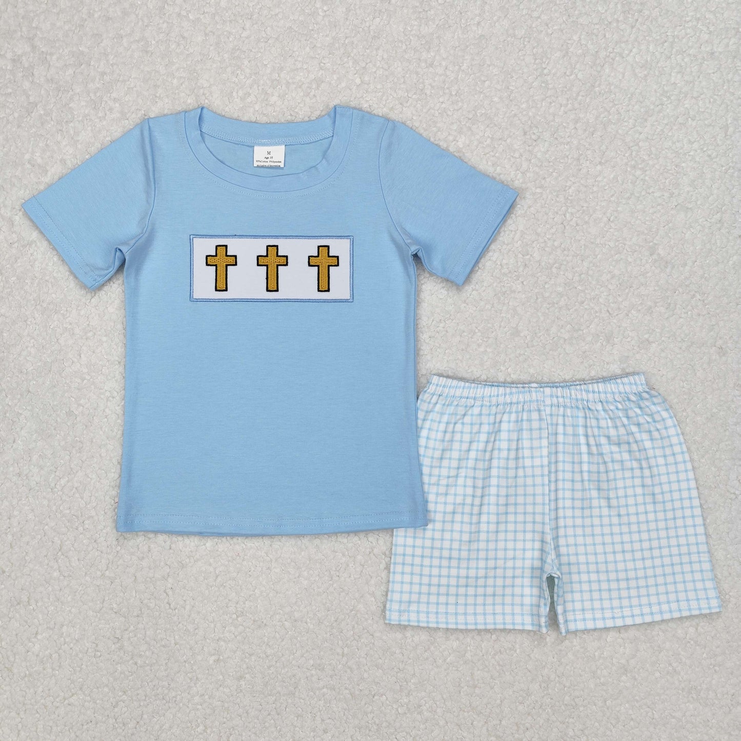 embroidery BSSO1234 Easter cross blue short sleeve checkered shorts boys set