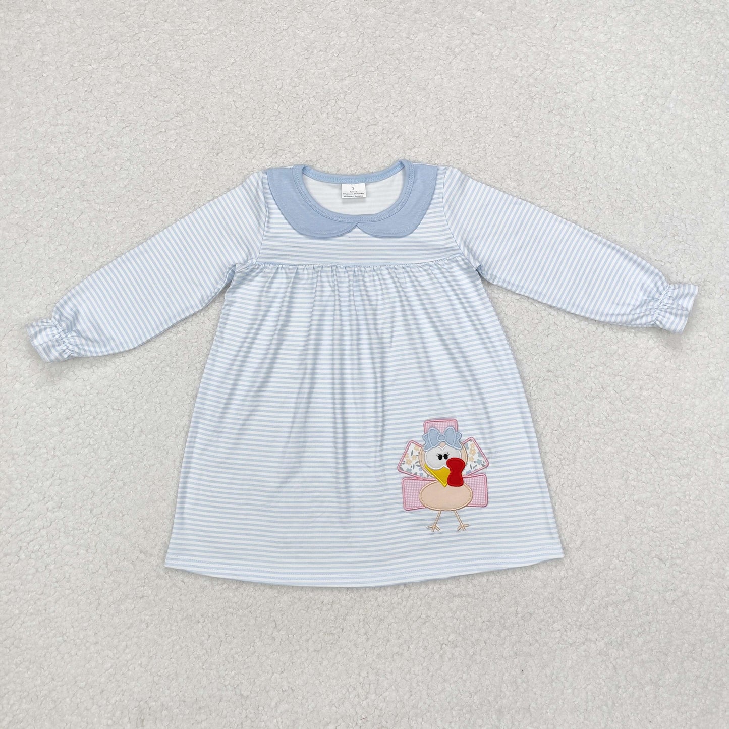 embroidery GLD0603 Thanksgiving turkey blue striped long sleeve girls dress