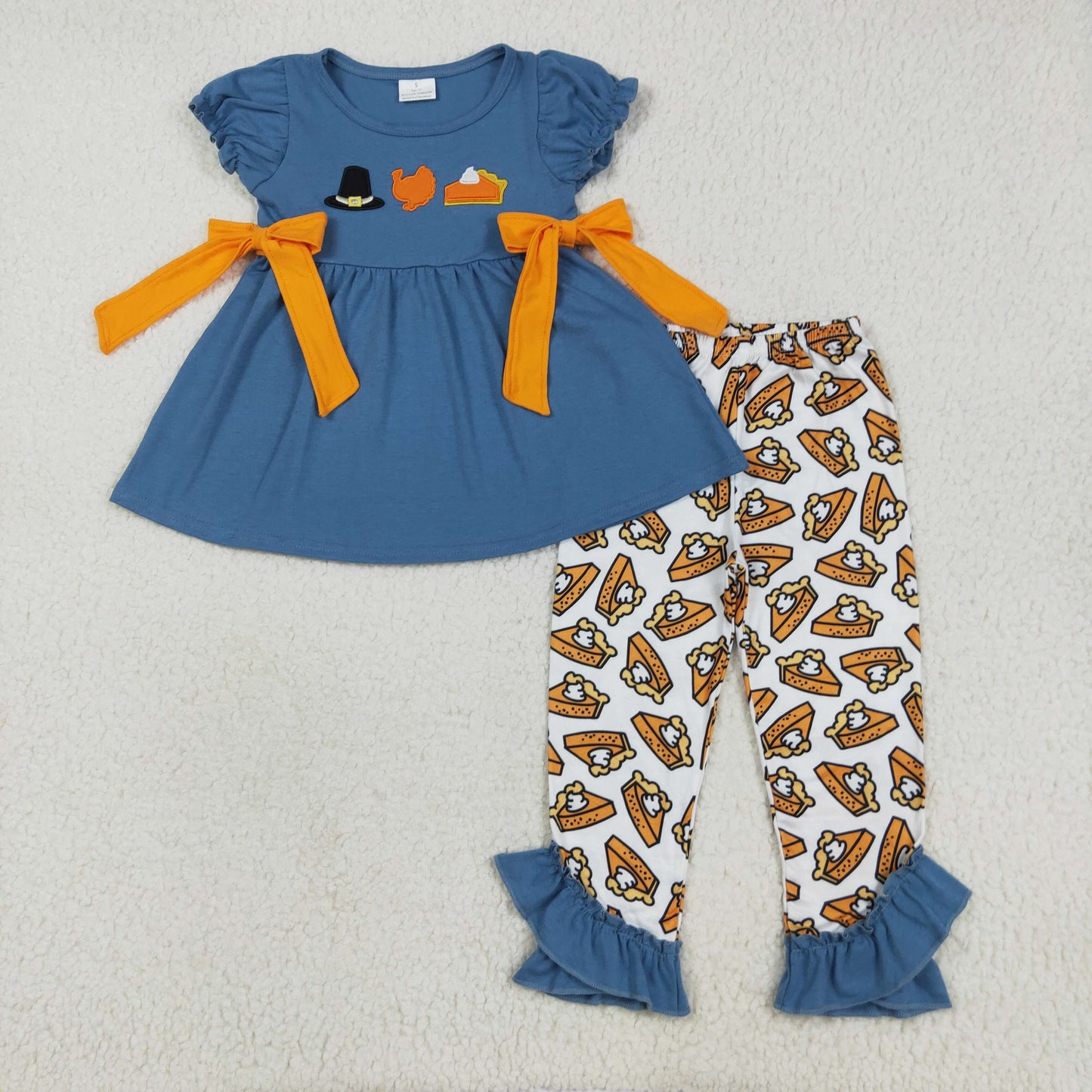 embroidery GSPO2028 Thankgving hat turkey pie blue short sleeve pants girls set