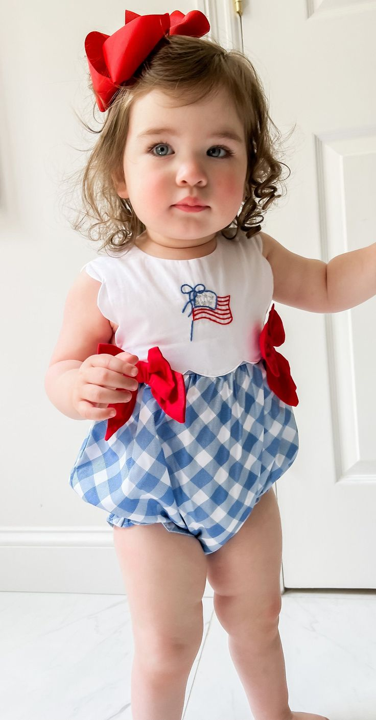custom moq 3 July 4th flag checkered girls romper