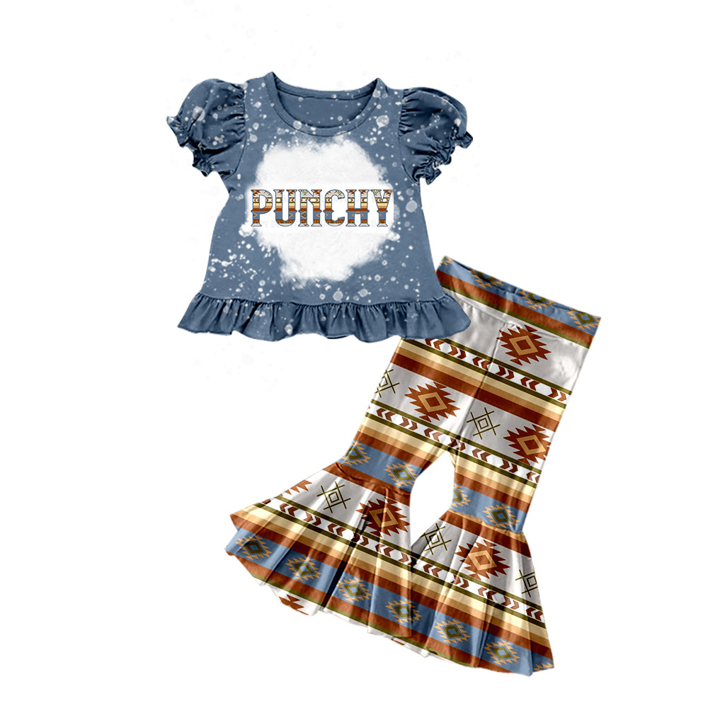 preorder GSPO1058 Punchy blue short sleeve Aztec pants girls set