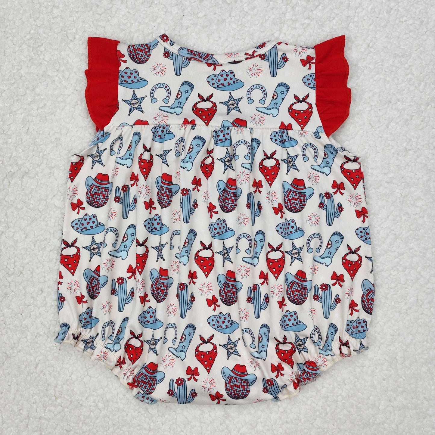 SR2680 July 4th cactus boot hat firework bows red ruffles sleeve girls romper