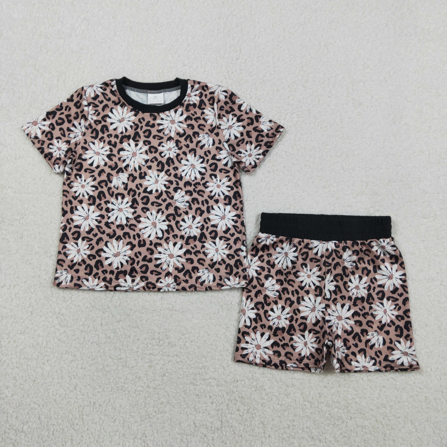 GSSO3079 Dasiy Flowers Leopard Short Sleeve Shorts Girls Set