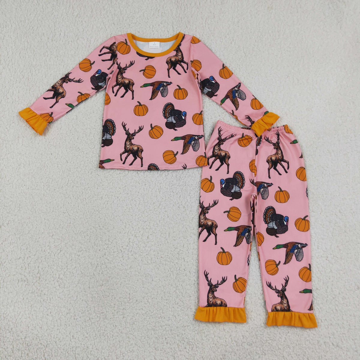 GLP3655 Hunting Mallard Deer Turkey Pink Long Sleeve Pants Girls Pajamas