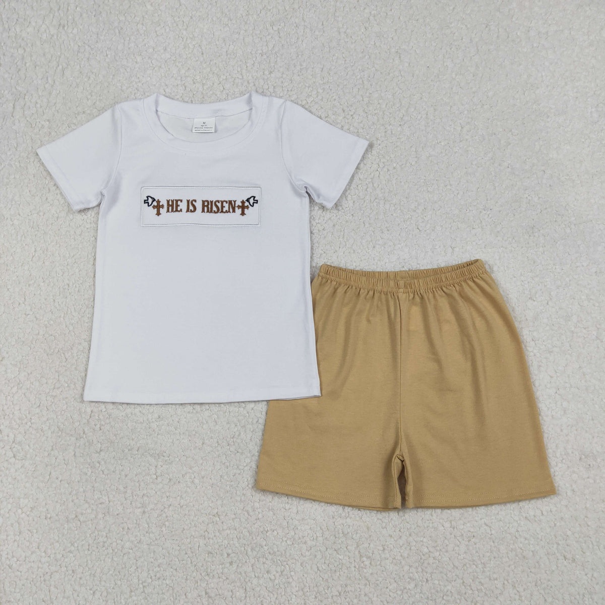 Embroidery BSSO1674 Easter Cross He Is Risen Short Sleeve Khaki Shorts Boys Set