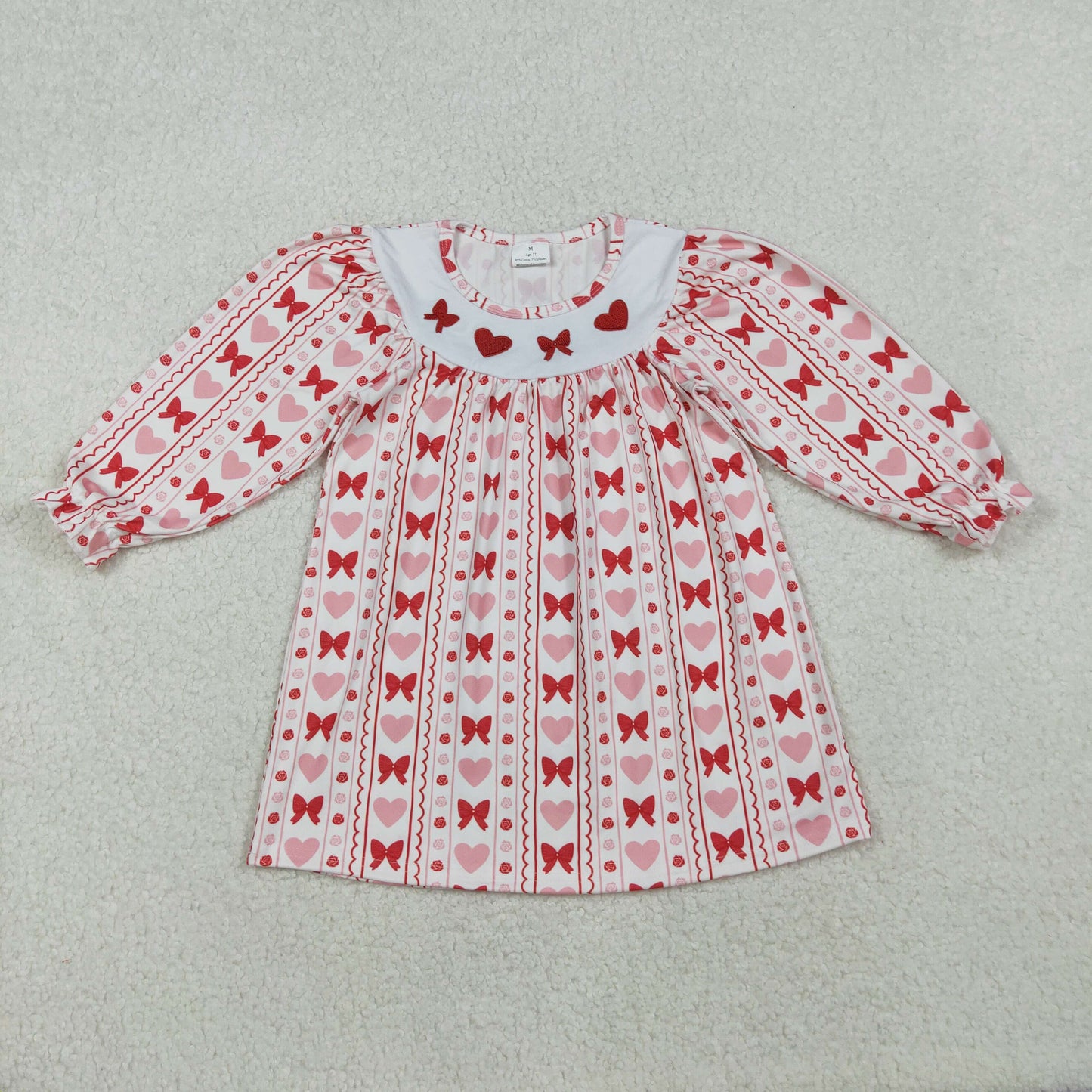embroidery GLD1336 Valentine's Day red heart bows long sleeve girls dress