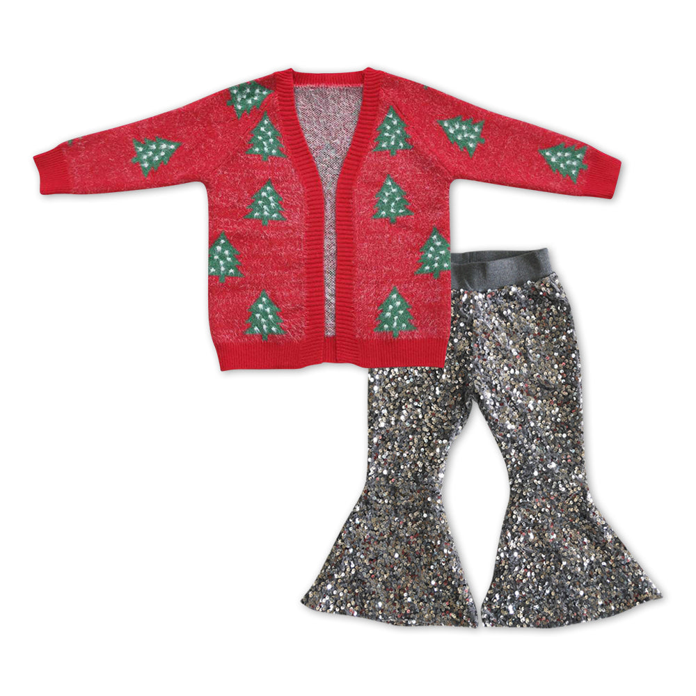 GLP1028 Christmas tree sweater cardigan grey sequin pants girls set
