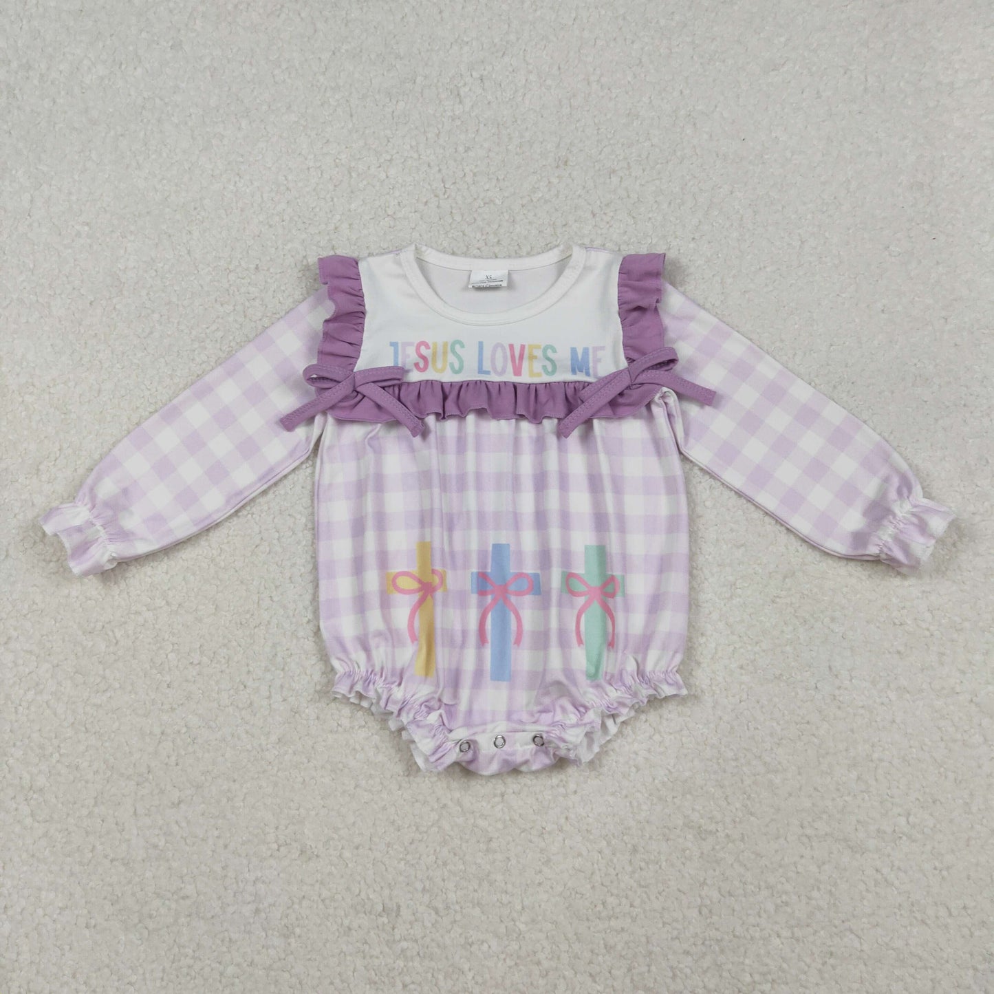 LR2740 Easter Jesus love me cross bows purple checkered long sleeve girls romper