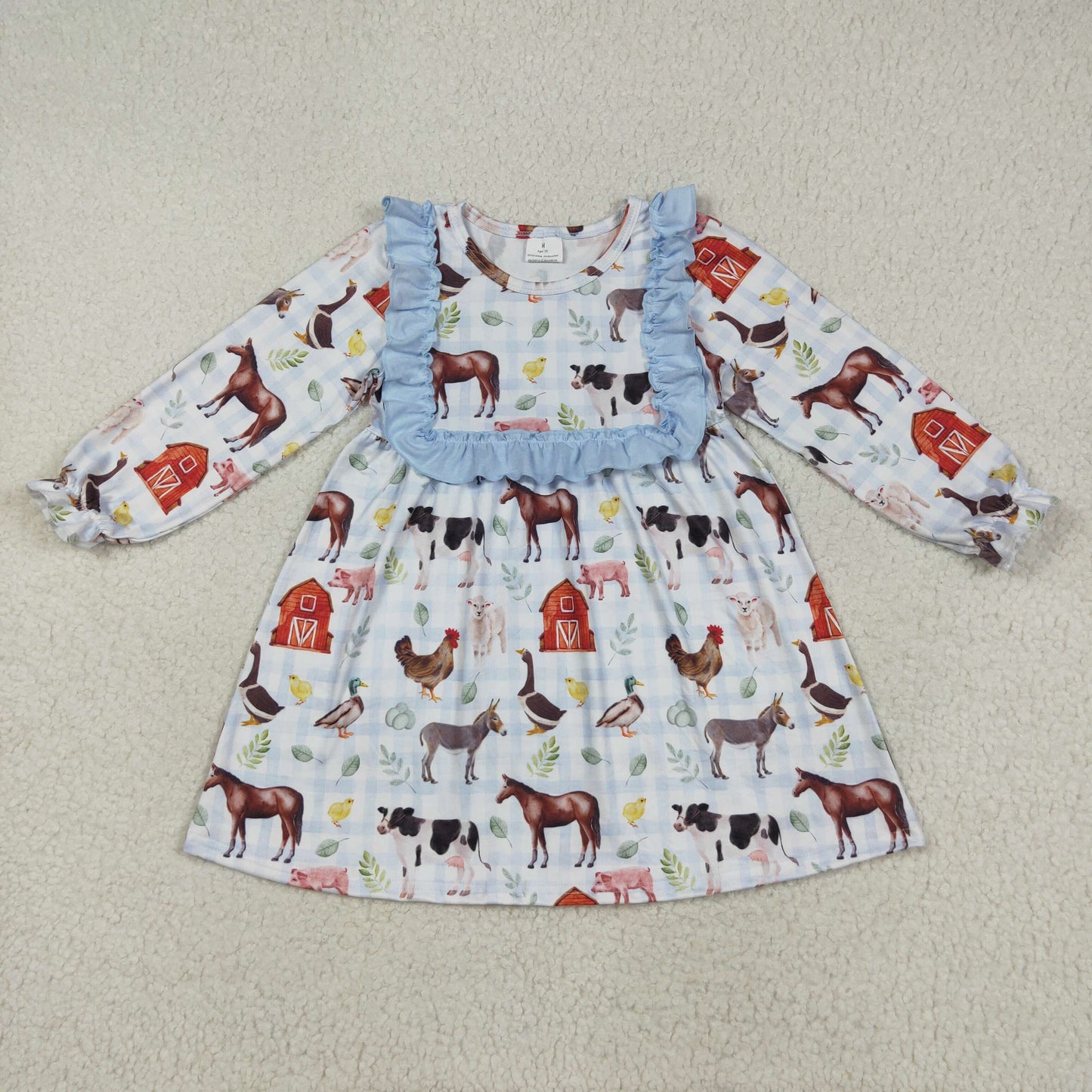 GLD1171 farm animals house horse blue checkered long sleeve girls dress