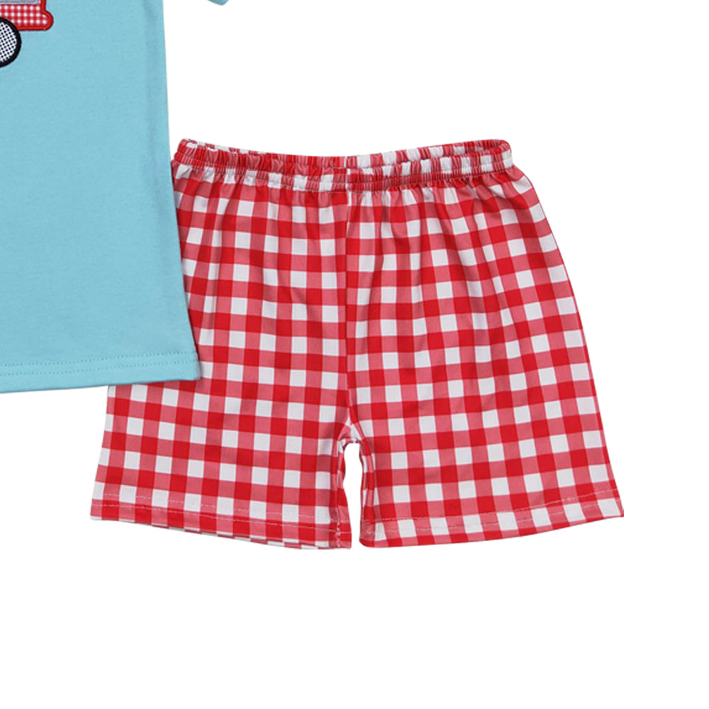BSSO0549 embroidery Red Checkered Fire Truck Green Short Sleeve Red Checkered Shorts Boys Set