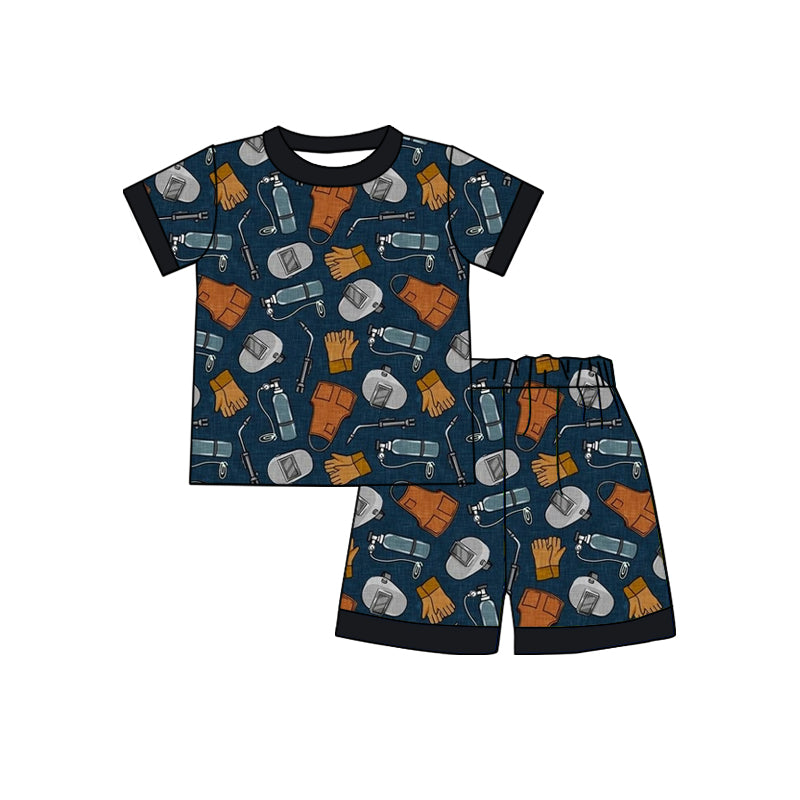 custom style welder navy blue short sleeve shorts boys set