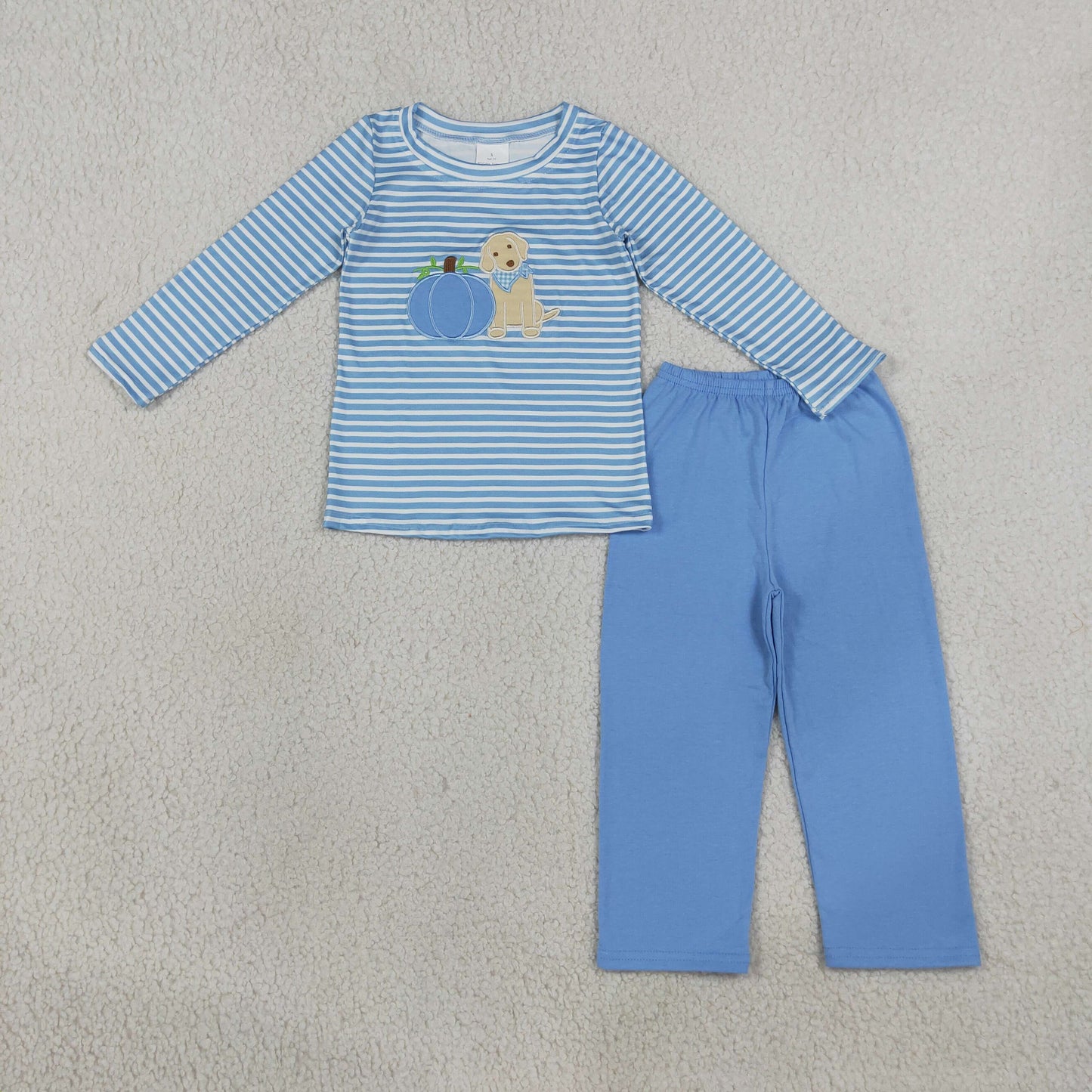 Embroidery BLP1500 Pumpkin Dog Blue Striped Long Sleeve Pants Boys Set