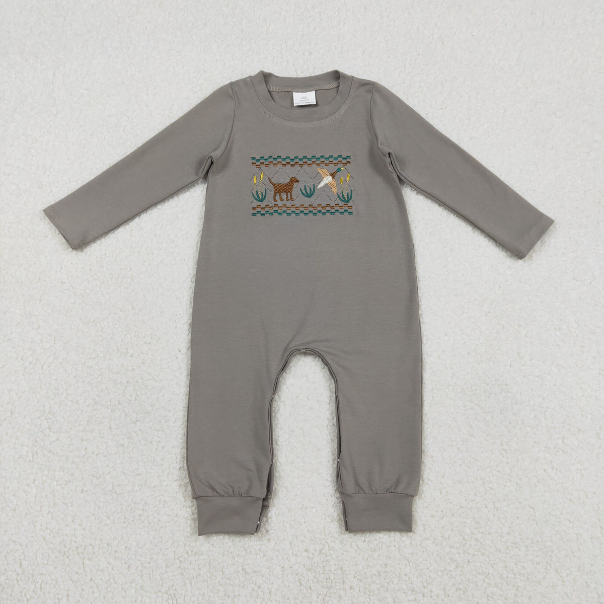 Embroidery LR2909 Hunting Mallard Duck Dog Long Sleeve Girls Romper