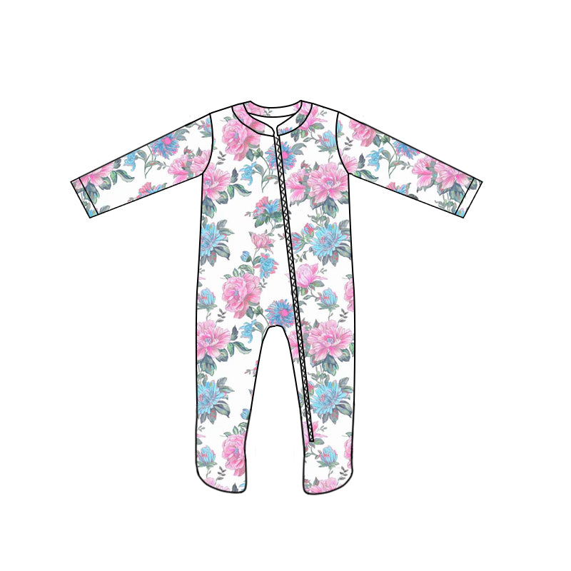 custom style blue pink flowers 1 long sleeve zipper girls romper