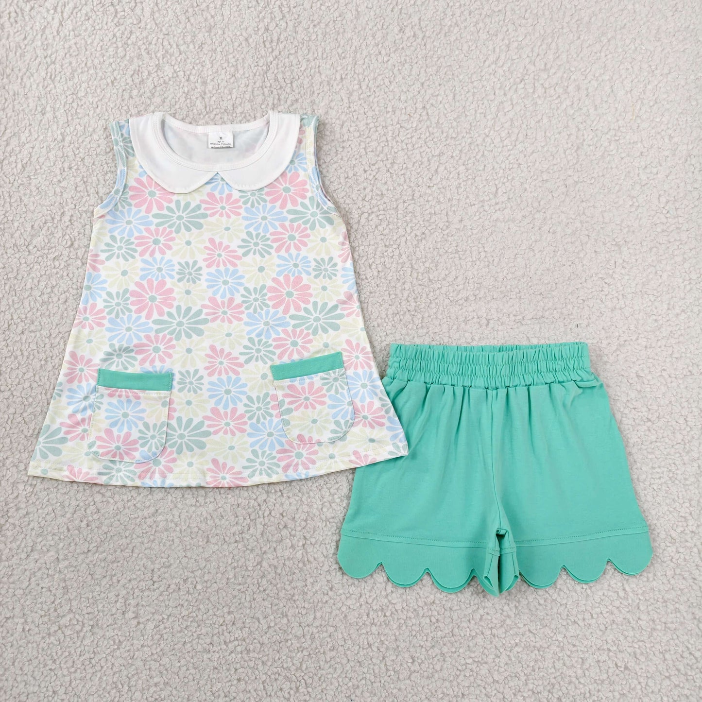 GSSO3632 Flowers Sleeveless Mint Green Shorts Girls Set